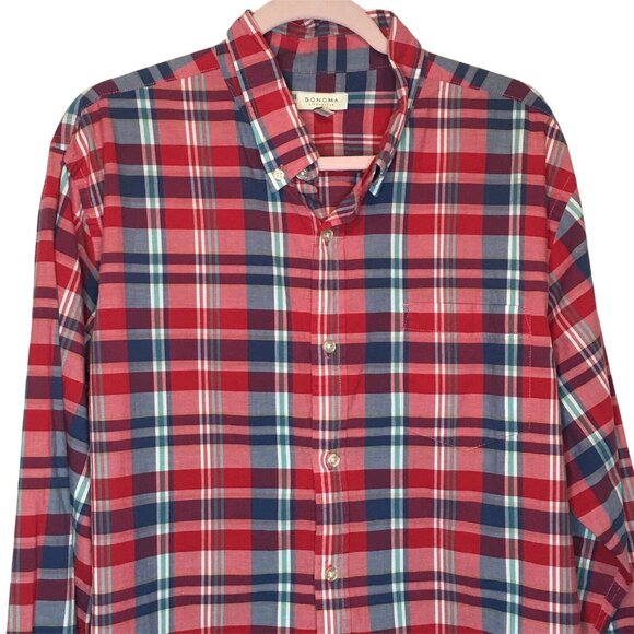 Mens Button Down Shirt Sonoma XL Front Pocket Button Cuffs Plaid u Red White Blu - Picture 2 of 5
